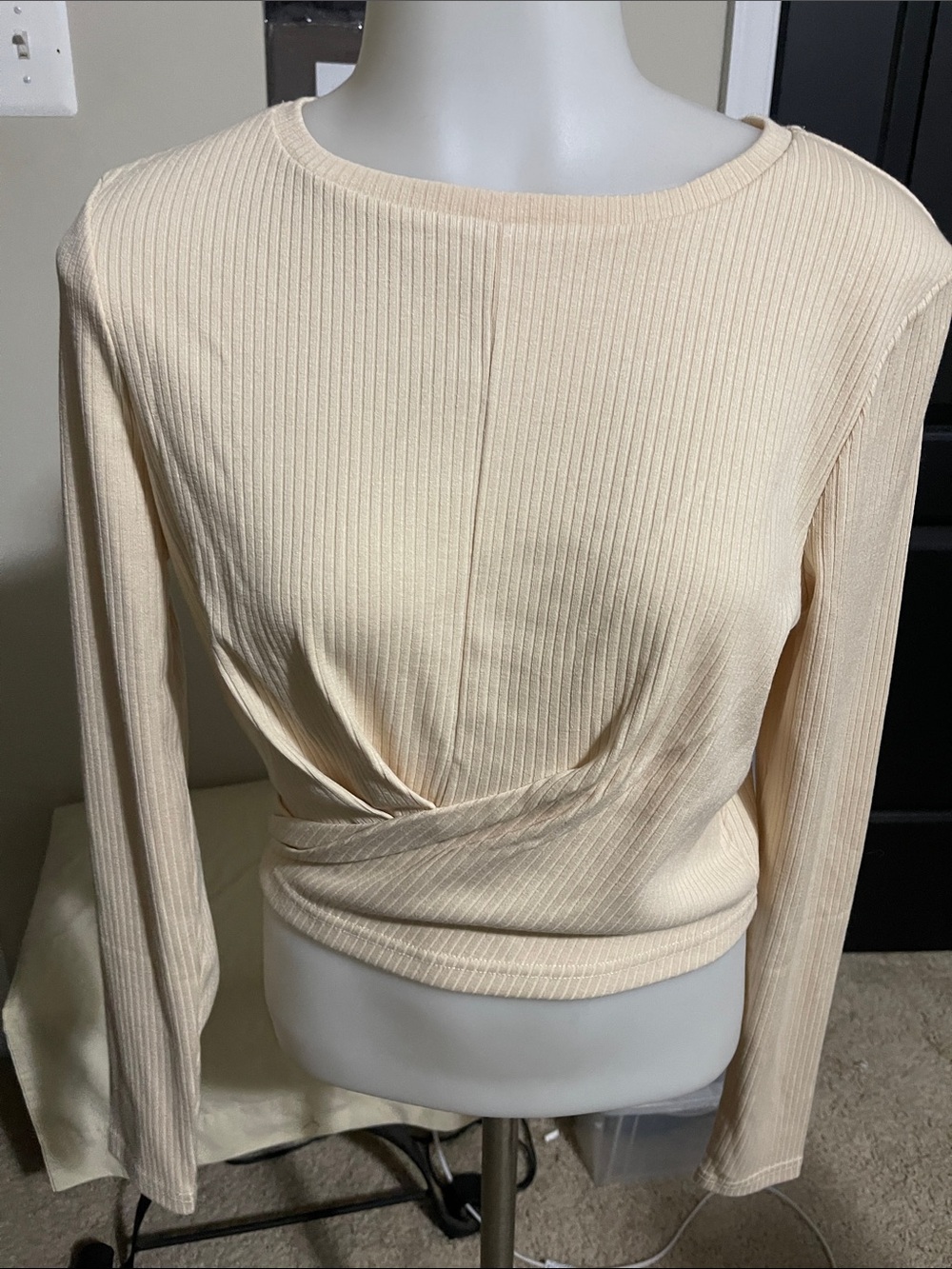 MINKPINK Cream Ribbed Twist-Front Long Sleeve Top - Picture 3 of 6